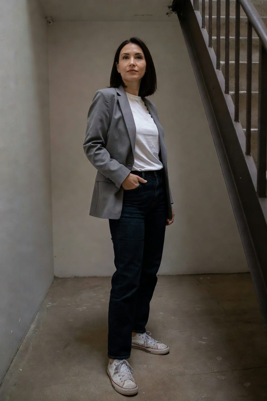 Woman over 40 in gray single-breasted blazer over white t-shirt, dark blue straight-leg jeans, and white low-top sneakers, standing casually with hands in pockets near a metal staircase