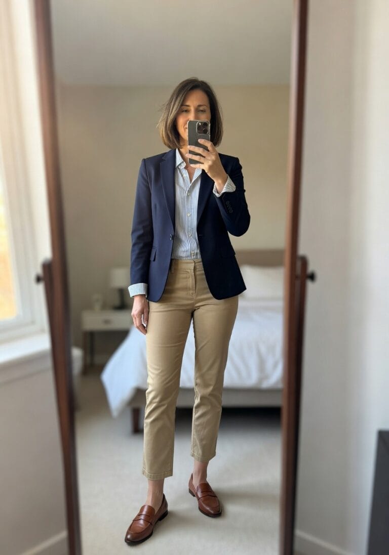 19 Stylish Business Casual Outfits For Women Over 40 That Feel Effortlessly Refined Woman over 40 in tailored navy blazer, light blue striped button-up shirt, beige ankle-length trousers, and brown loafers, posing for mirror selfie in bedroom
