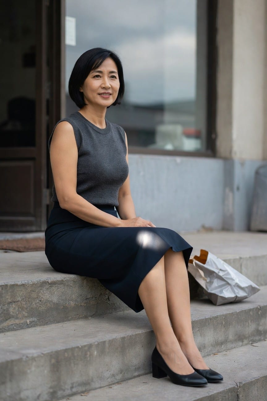 Mature Asian woman over 40 with short black bob haircut, sitting on outdoor concrete steps in sleeveless charcoal gray knit tank top, fitted navy blue knee-length skirt, black block-heel pumps, hands resting on lap, white paper shopping bag beside her feet