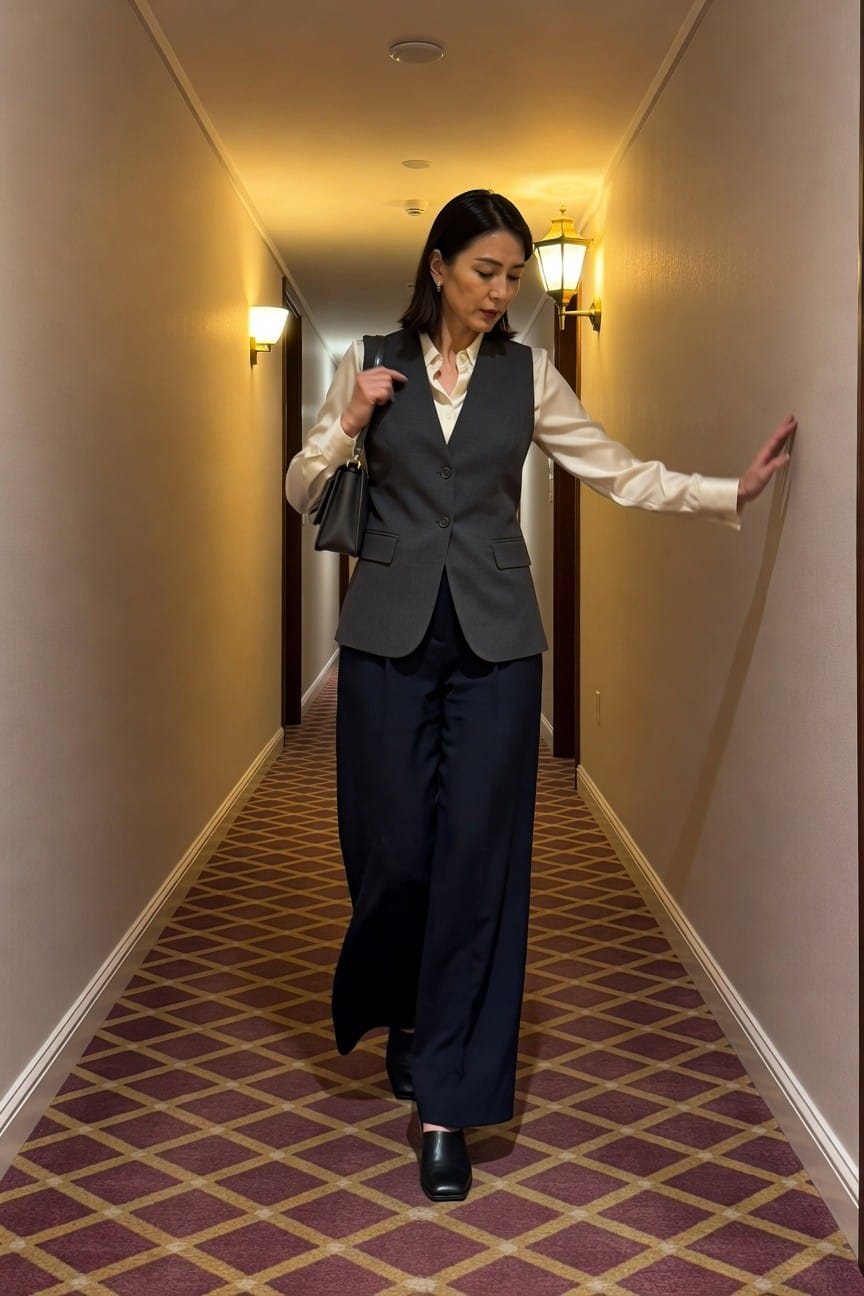 Mature Asian woman in her 40s walking down a hotel hallway in a charcoal gray vest over a white long-sleeve blouse, navy wide-leg pants, black loafers, and carrying a black leather handbag, hand extended to the wall for balance