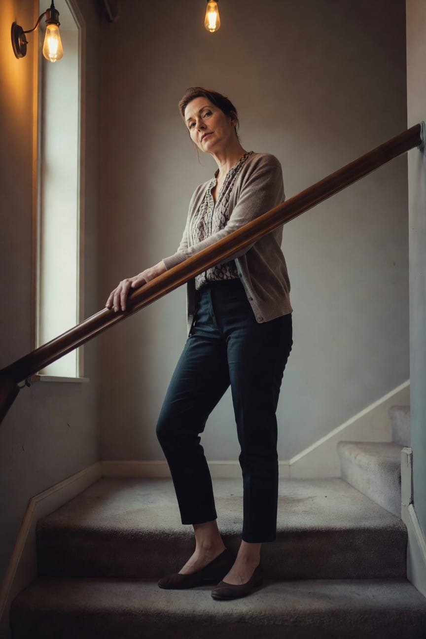 Woman over 40 in open pale gray knit cardigan layered over patterned blouse, black ankle-length trousers, brown flats, and delicate necklace, leaning on wooden stair railing indoors
