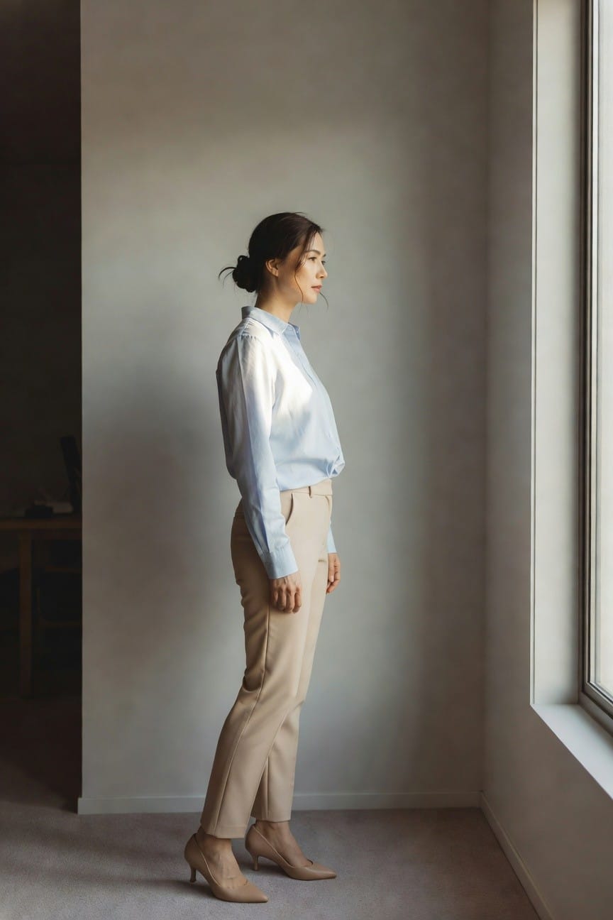 Side profile of a woman over 40 in a light blue long-sleeve blouse, high-waisted beige tailored pants, and nude pointed pumps, standing in a modern office by a window