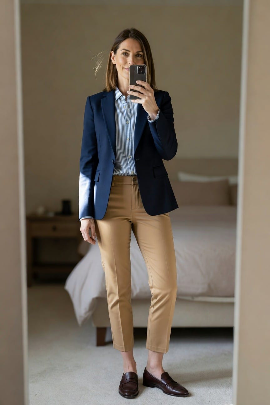 Woman over 40 in tailored navy blazer, light blue striped button-up shirt, beige ankle-length trousers, and brown loafers, posing for mirror selfie in bedroom