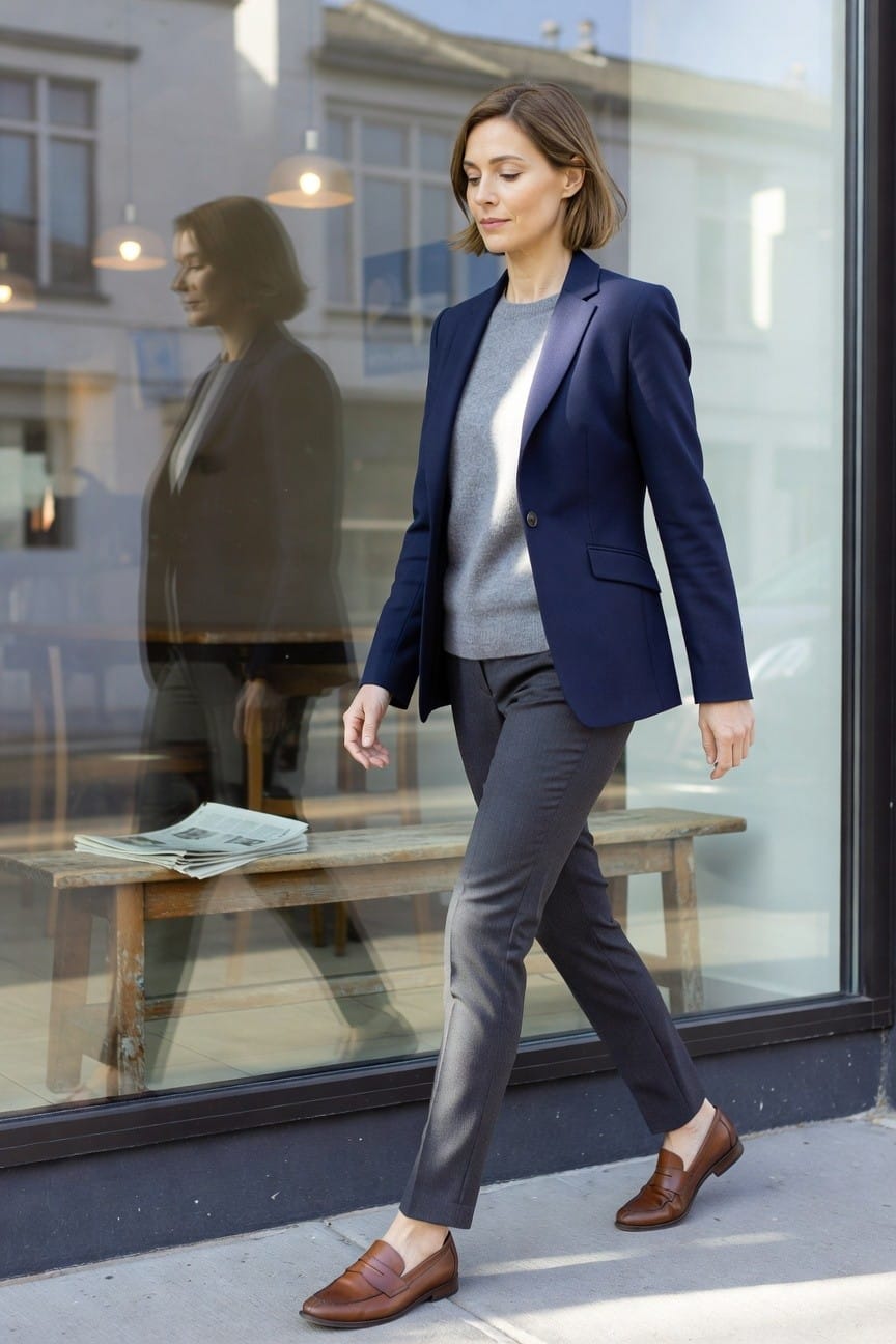 Woman in her 40s walking in a navy blue tailored blazer over a light gray sweater, paired with slim gray trousers and brown leather loafers, outside a storefront window with her reflection visible