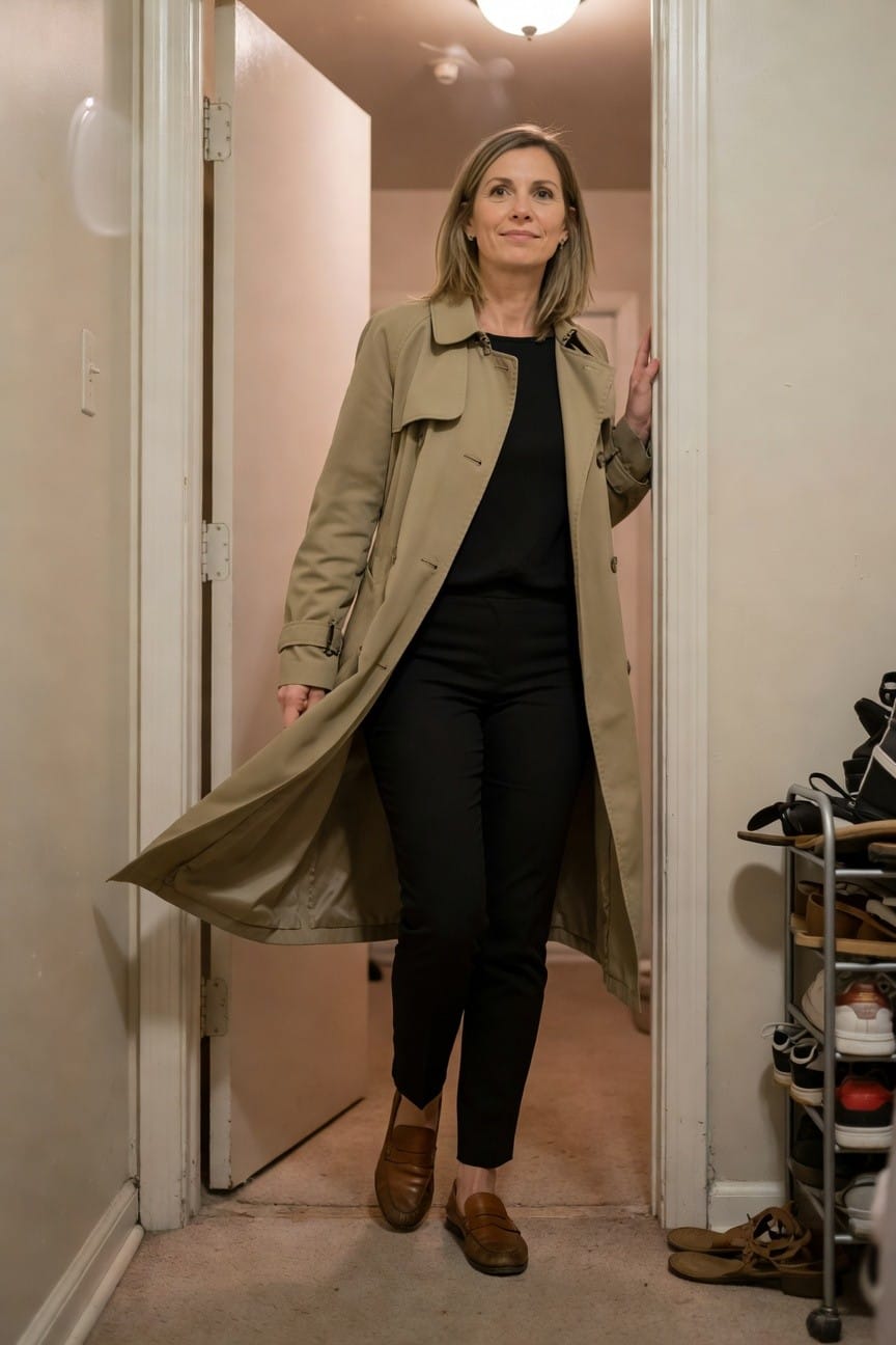A woman over 40 in a long beige trench coat over a black top and slim black pants, finished with brown loafers, posing in a home hallway near a shoe rack