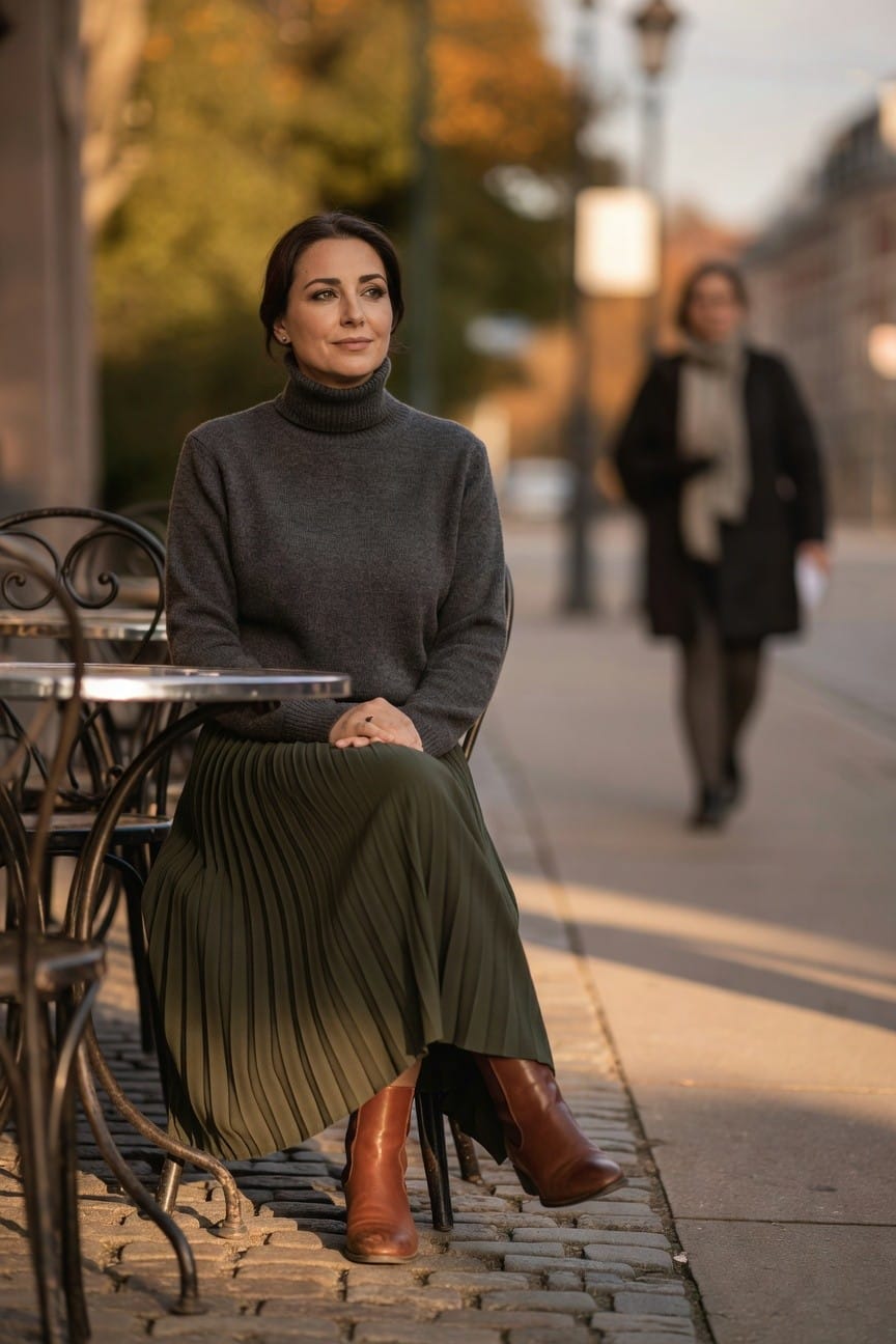 Woman over 40 in gray turtleneck sweater, olive green pleated midi skirt, and brown heeled leather boots, seated at a metal cafe table on cobblestones