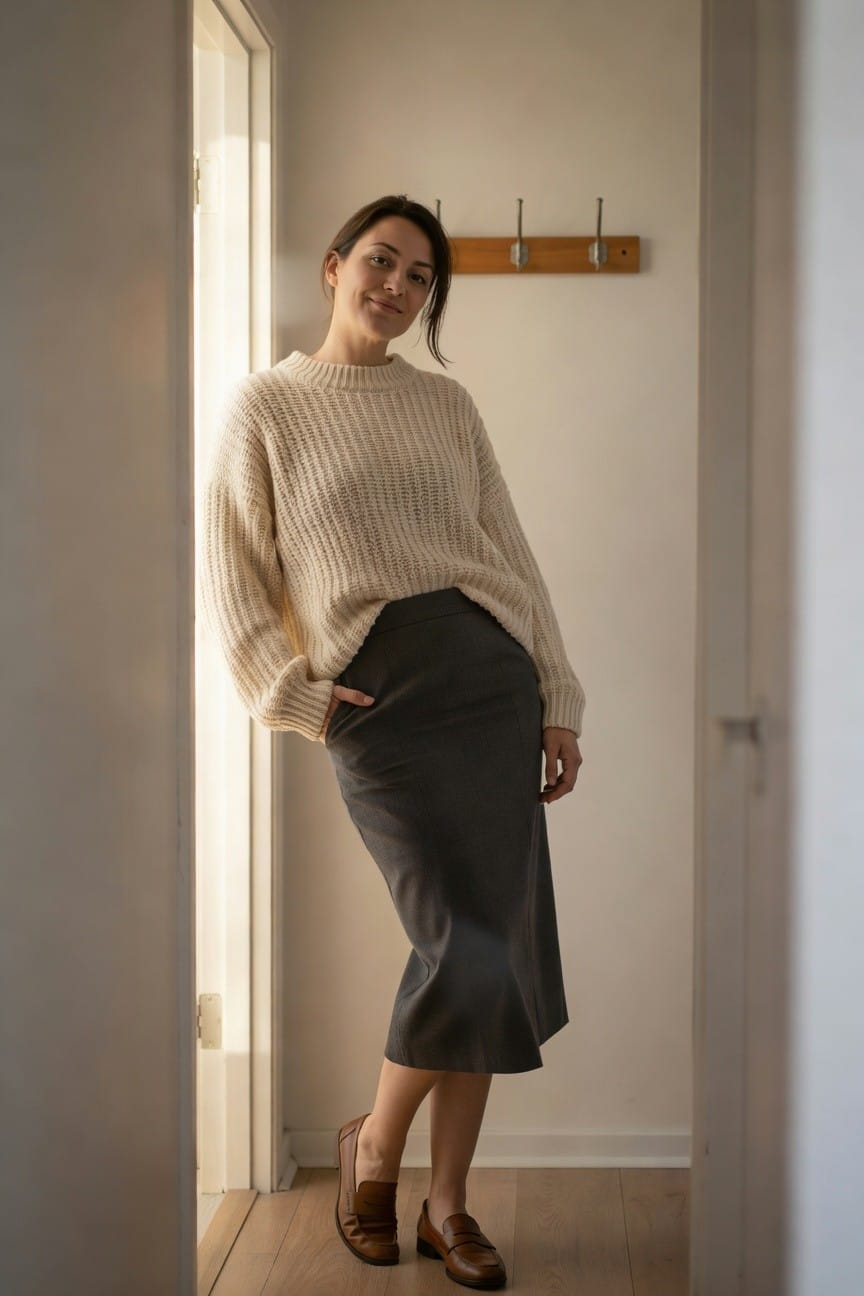 Woman leaning against a doorframe in a cream chunky knit sweater, gray midi skirt with hand in pocket, and brown loafers, posed confidently for a fall work outfit.