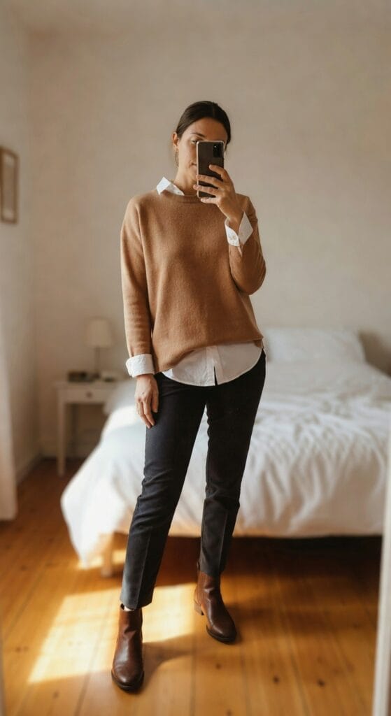 Woman in mirror selfie wearing cropped camel mock-neck sweater layered over white collared shirt with cuffs showing, slim black trousers, and matching brown leather Chelsea ankle boots, standing in simple bedroom with bed and lamp in background