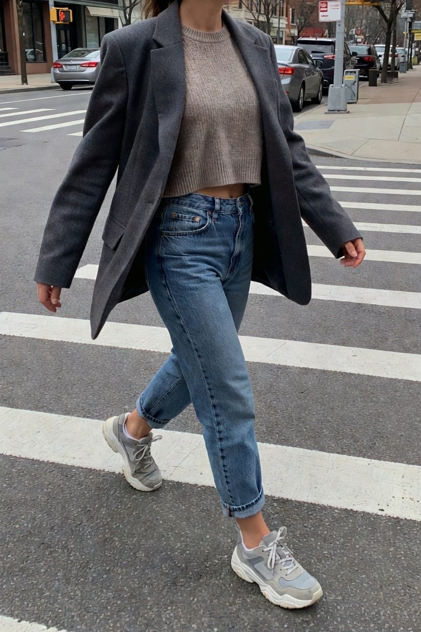 Woman walking across a crosswalk in an oversized gray blazer layered over a beige cropped knit sweater, high-waisted straight blue jeans cuffed at ankles, and chunky gray sneakers with white soles, urban street background