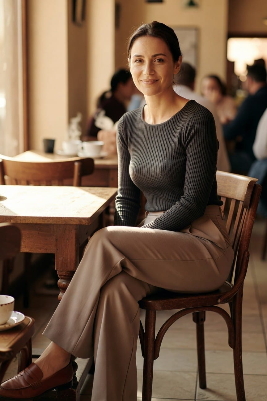 Woman sitting in a cozy ribbed gray long-sleeve sweater tucked into high-waisted beige wide-leg trousers with brown loafers, at a wooden cafe table with cups nearby