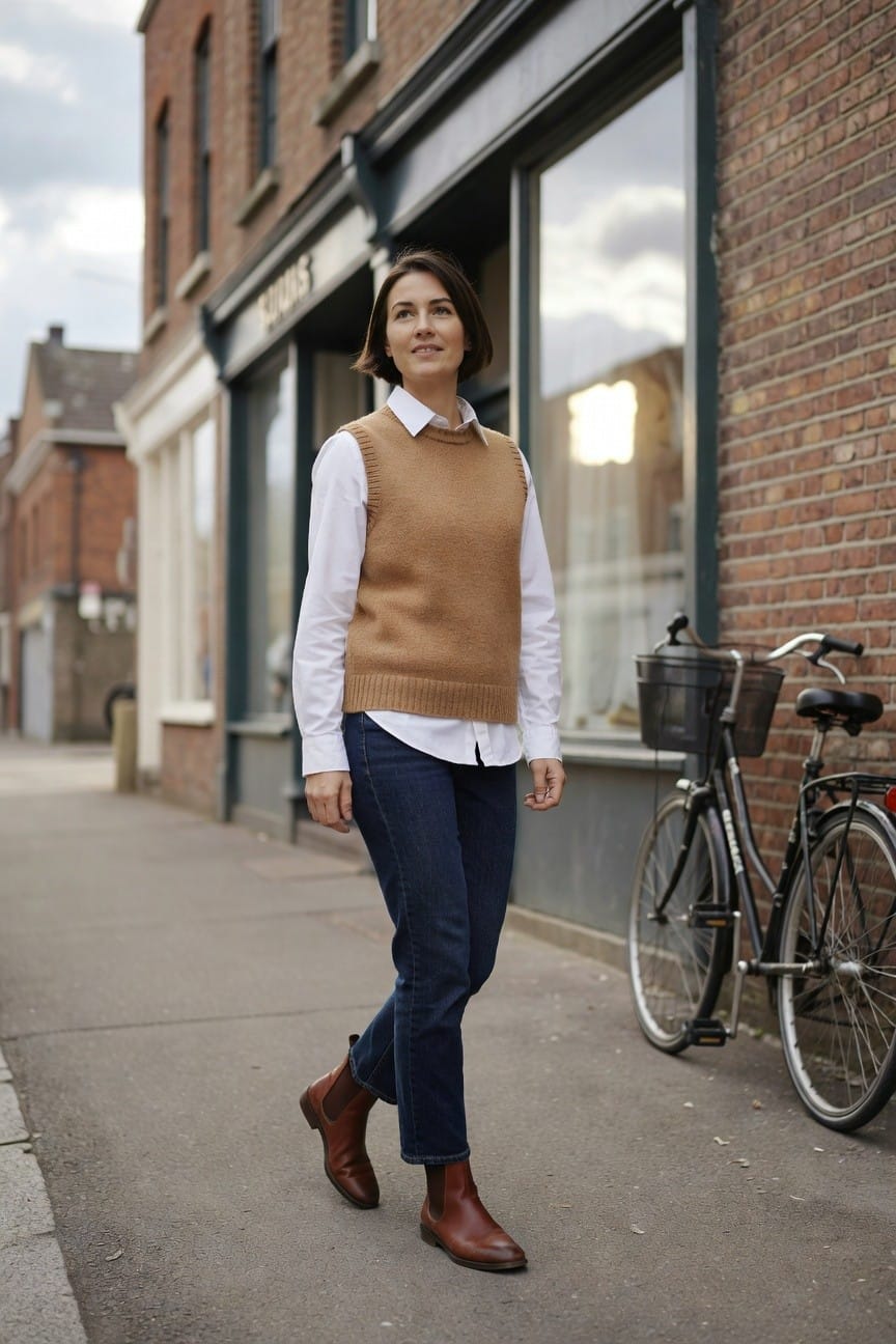 Woman in tan sleeveless knit sweater vest over white collared button-up shirt tucked into dark straight-leg jeans with brown leather ankle boots walking on pavement