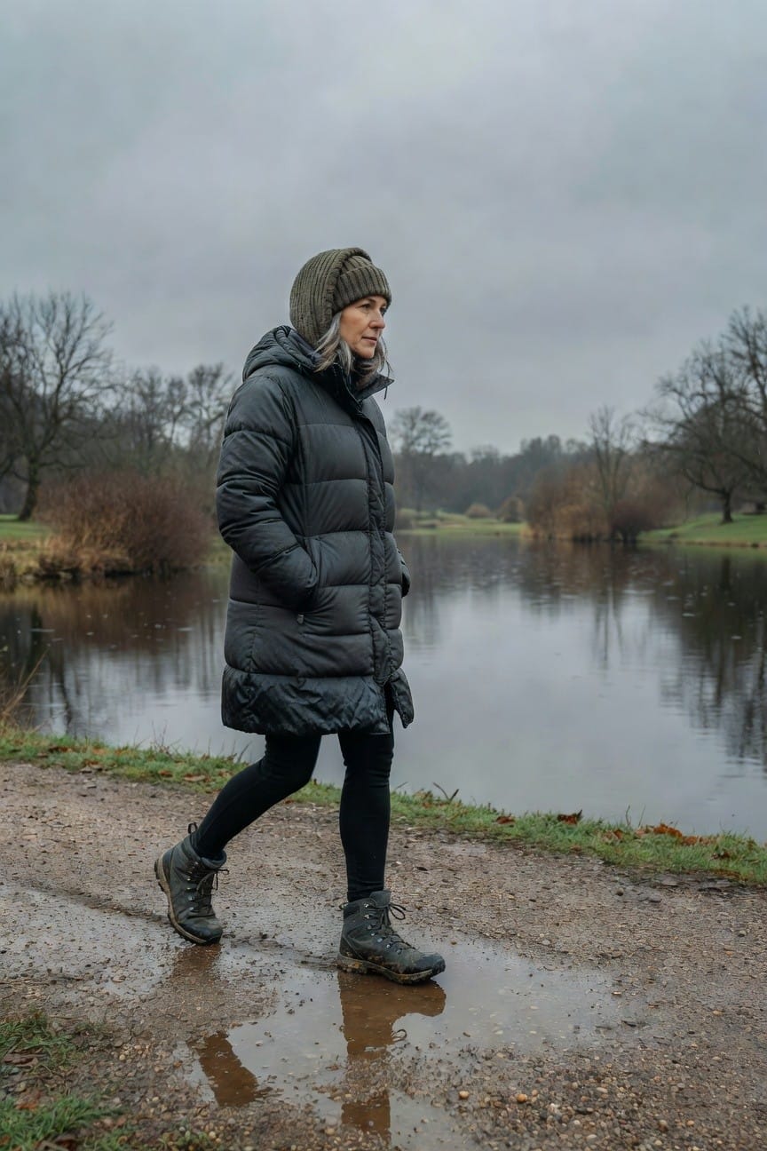 Woman in long black quilted puffer coat with hood, black leggings, black hiking boots, and gray knit beanie, walking on a path