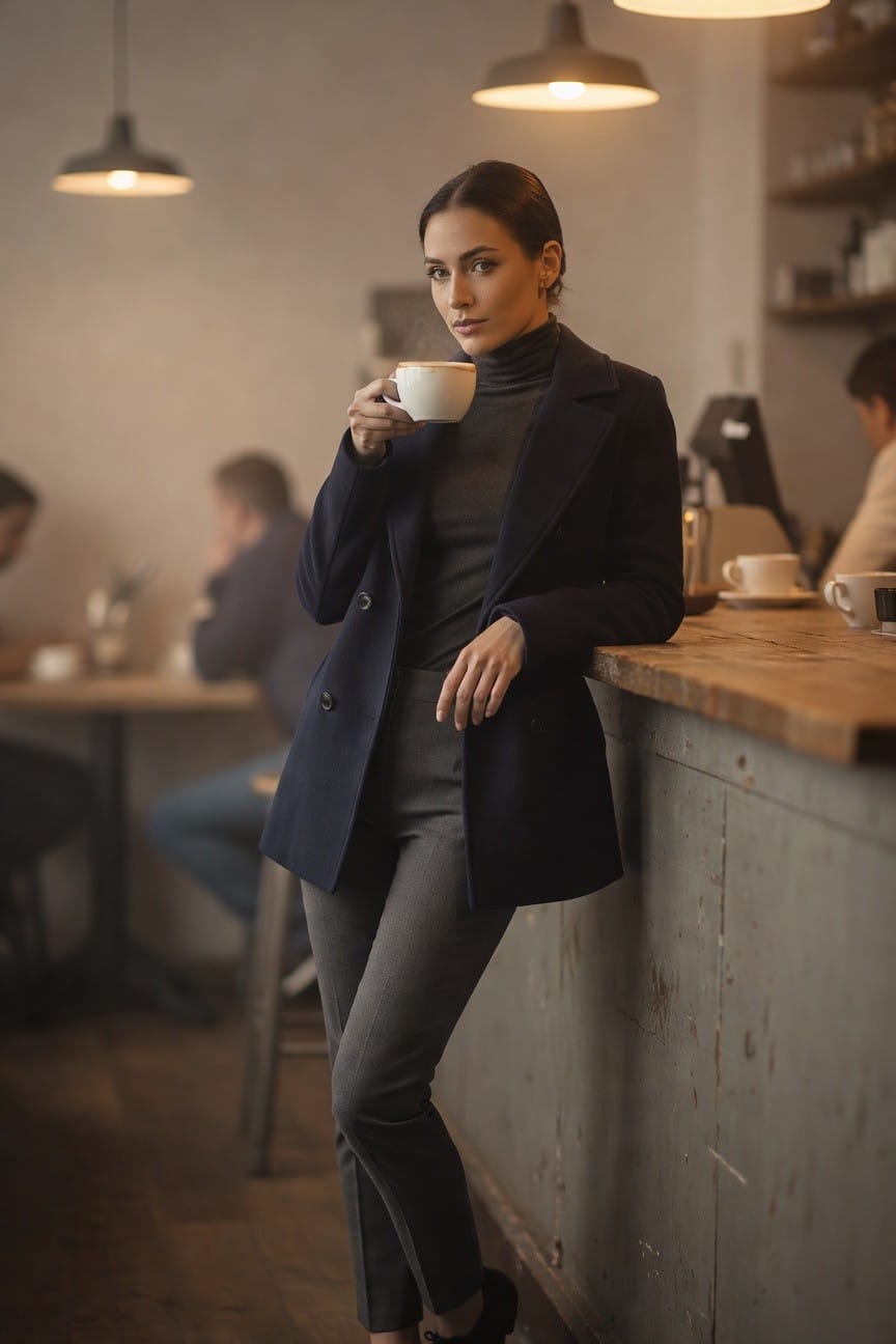Woman leaning on wooden cafe counter holding white coffee mug, wearing navy wool coat over dark turtleneck, gray slim trousers, and black heels in cozy indoor setting