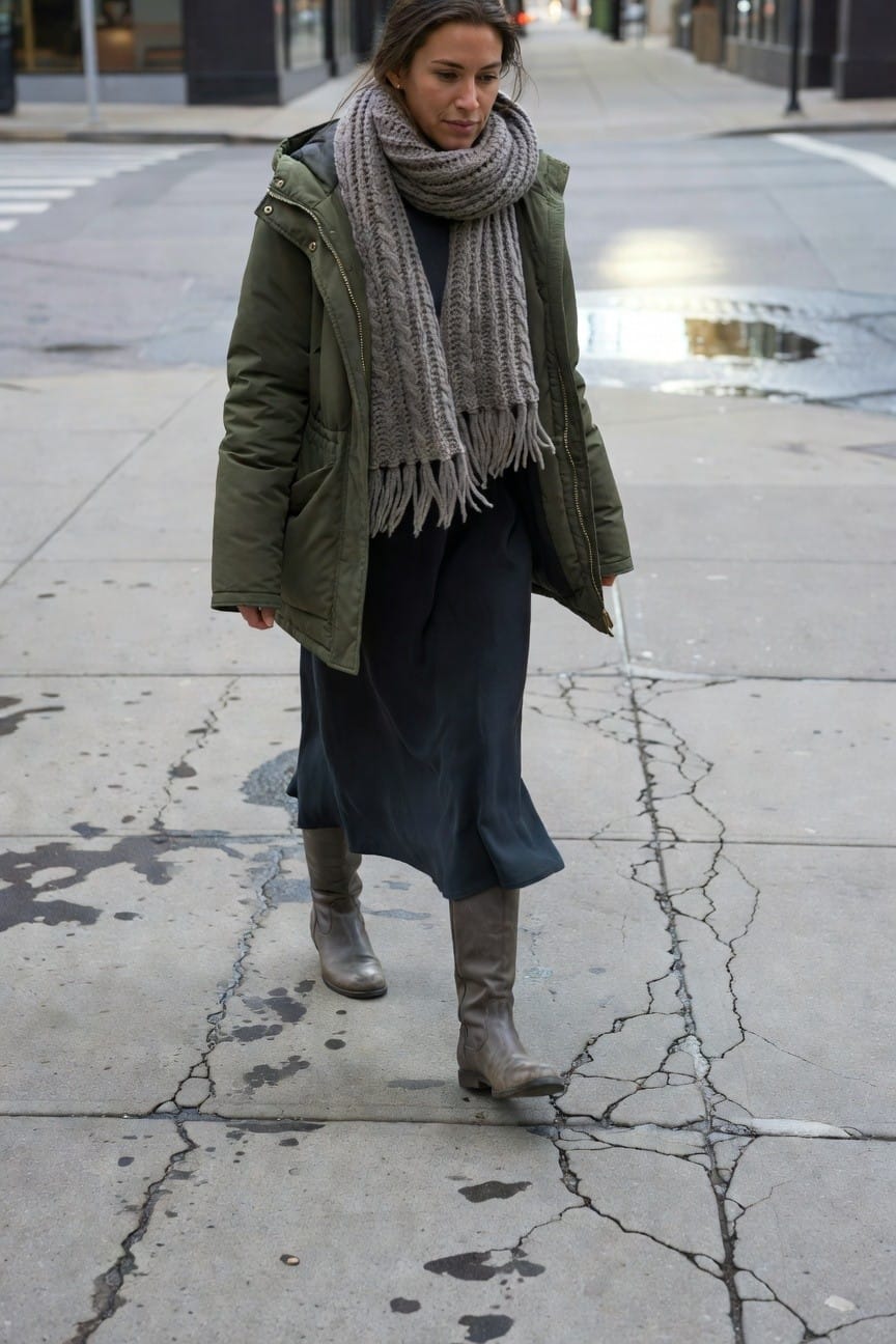 Woman walking in olive green hooded parka layered over black midi dress with chunky gray knit scarf and tall gray leather boots
