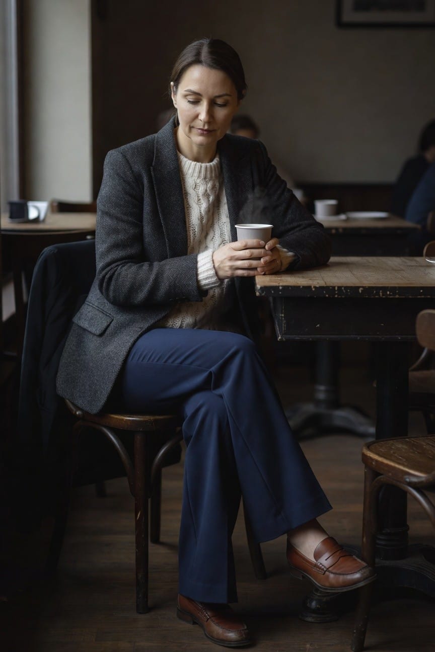 Woman sitting at a wooden cafe table in a gray tweed blazer over a cream knit sweater, navy trousers, and brown loafers, holding a paper cup while seated on a wooden chair