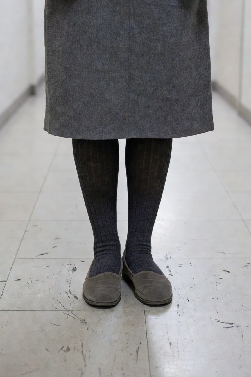 Woman in gray wool pinafore dress with dark gray ribbed tights and gray suede ballet flats standing on tiled hallway floor