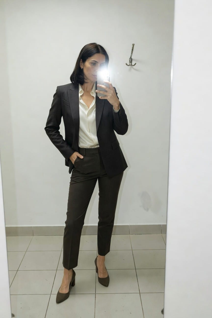 Woman taking a mirror selfie in a tailored charcoal blazer over white collared shirt, slim brown trousers, brown block-heel pumps, hands in pockets, standing confidently in a tiled bathroom.