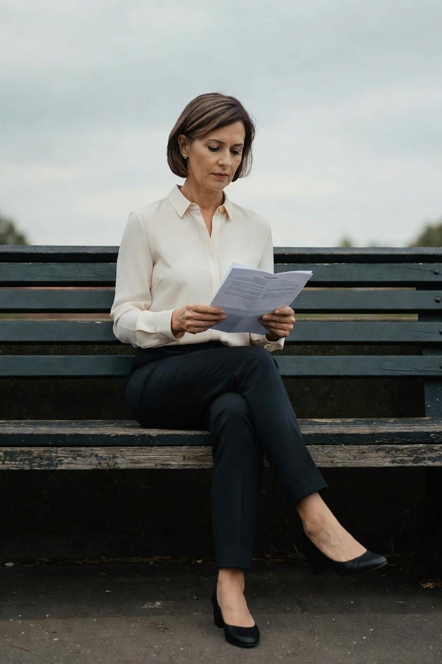 Woman in her 40s with bob haircut sitting on green park bench, reading white papers, wearing cream silk long-sleeve blouse, black slim trousers, and black pointed low heels, overcast sky background
