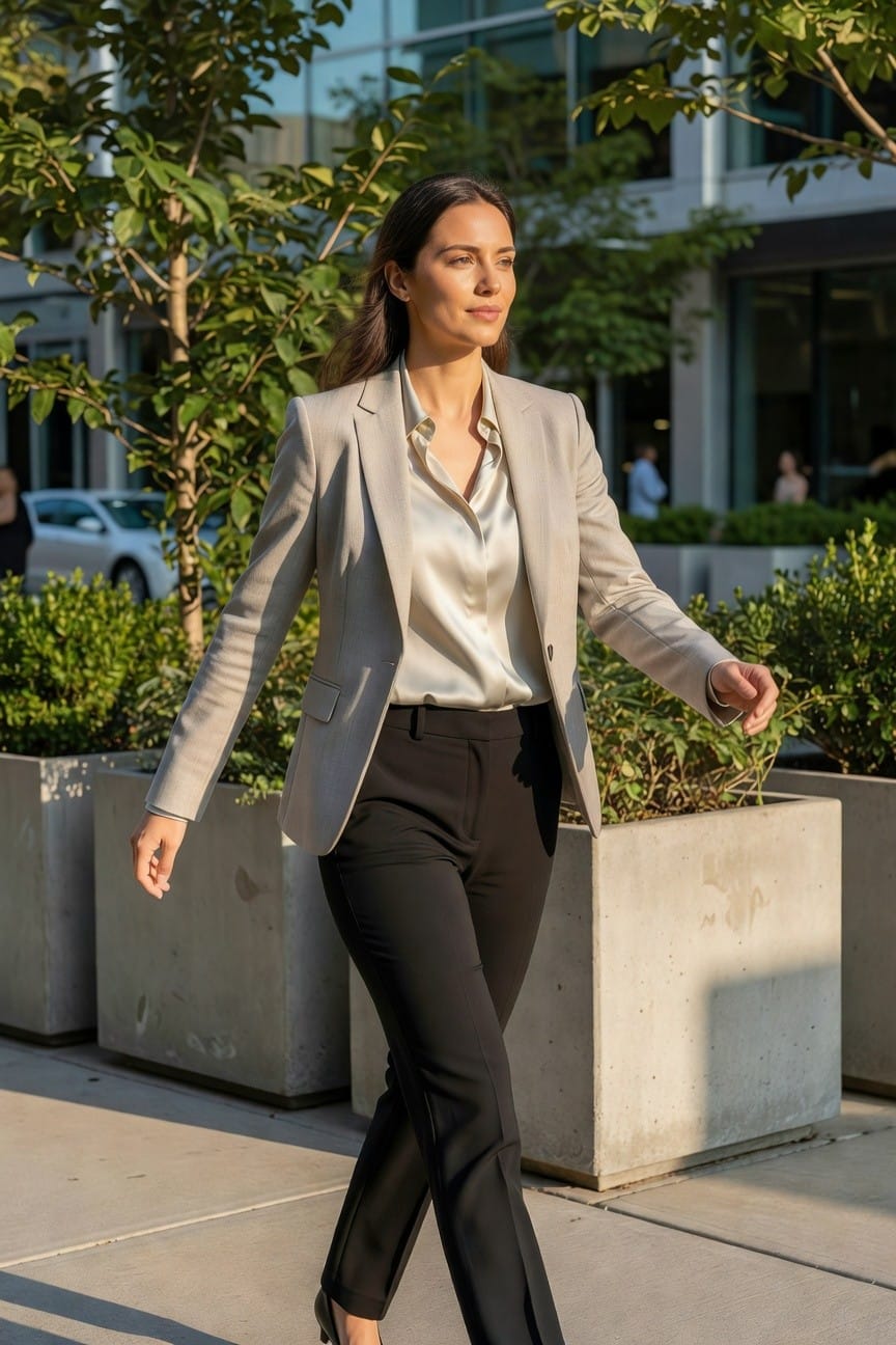 A woman walking in a light gray tailored blazer over a white silk blouse, black slim trousers, and black heels, with long dark hair and minimal earrings.