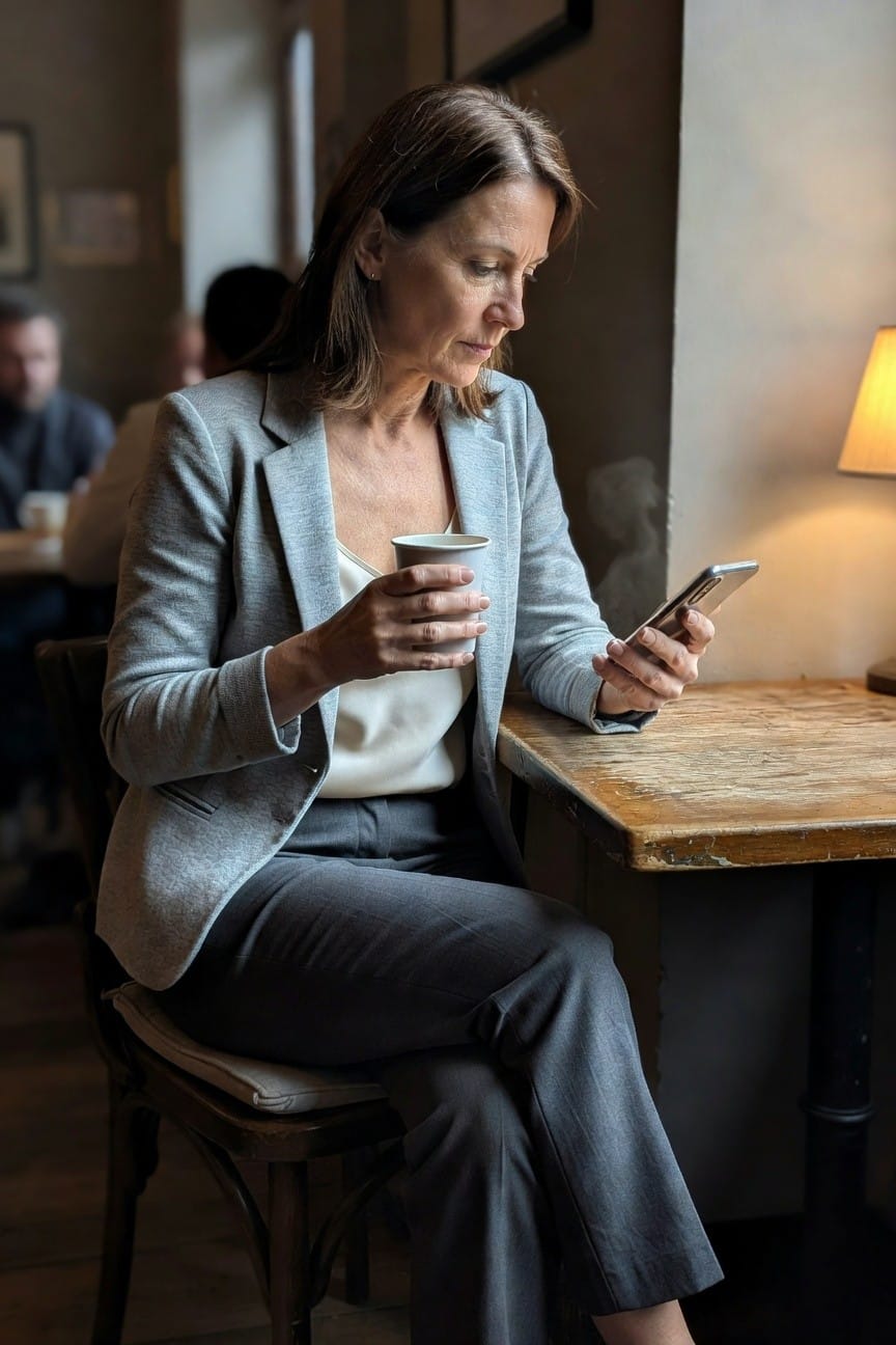 Mature woman in a light gray textured blazer over white camisole and matching gray trousers, holding a coffee cup and phone while seated at a wooden table in a cafe.