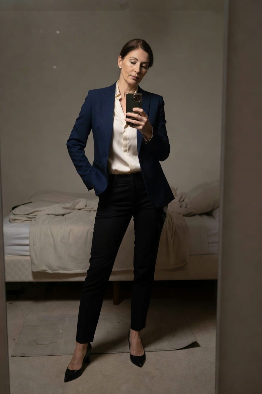 Mirror selfie of a woman over 50 in a navy tailored blazer over white silk blouse, black slim trousers, and black pointed heels, hands in pockets holding phone