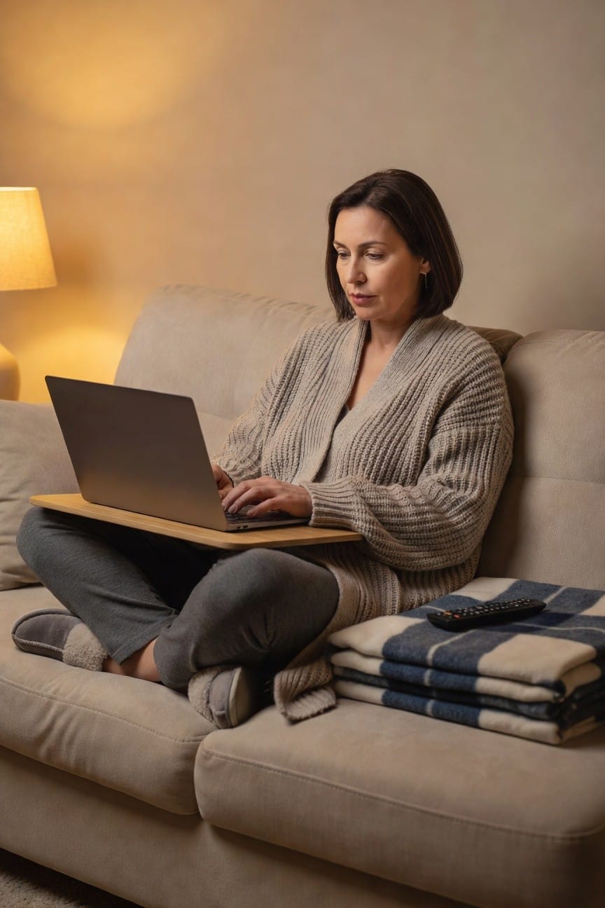 Mature woman with shoulder-length dark hair sits cross-legged on a beige couch wearing an open beige knit cardigan over gray joggers and fluffy gray slippers, typing on a silver laptop placed on a wooden lap desk, with a plaid blanket, TV remote, and table lamp nearby