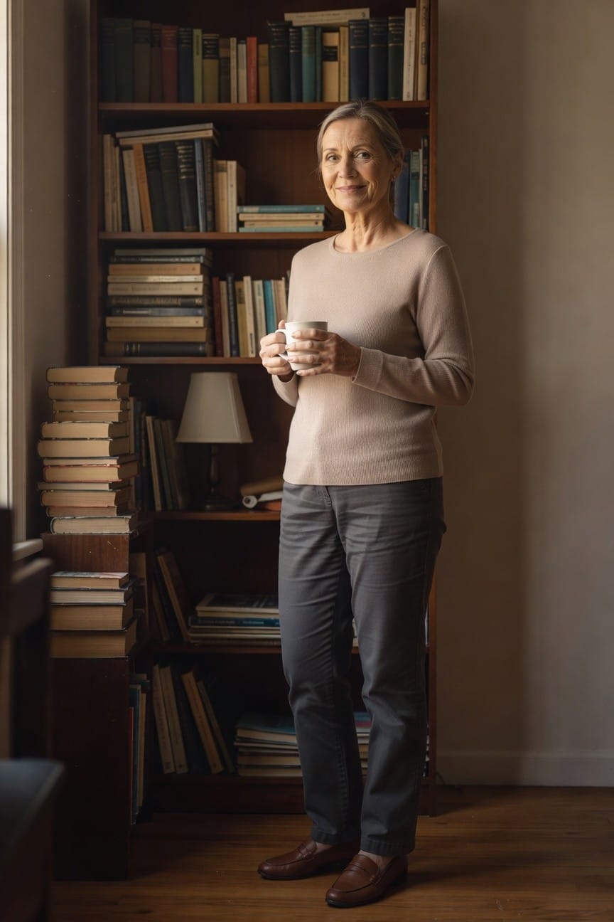 Elegant older woman in beige long-sleeve knit sweater, gray straight-leg trousers, and brown loafers, holding a white mug, standing confidently near wooden bookshelves in a cozy indoor setting