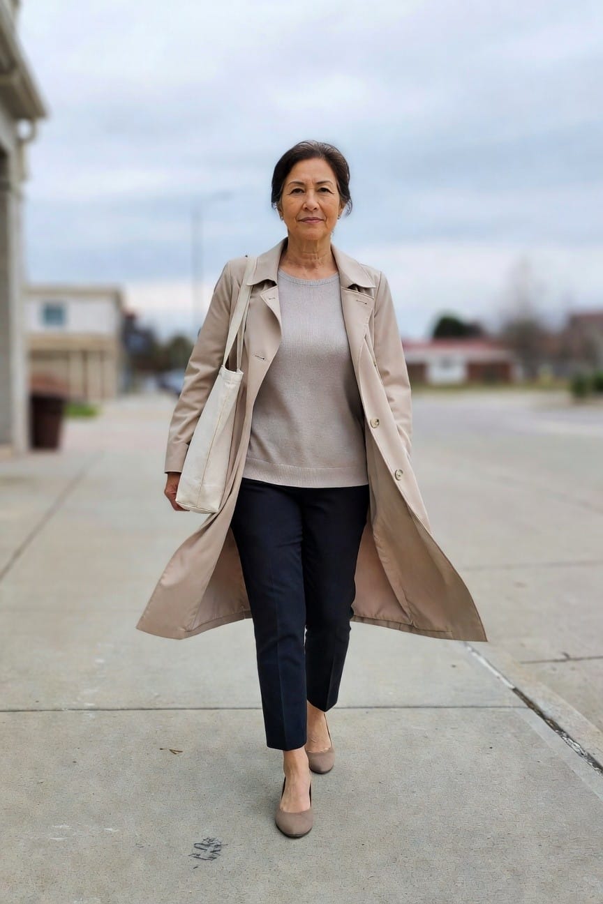 Mature Asian woman in long open beige trench coat over gray knit sweater, black slim pants, nude low-heeled flats, and white canvas tote bag, walking on sidewalk