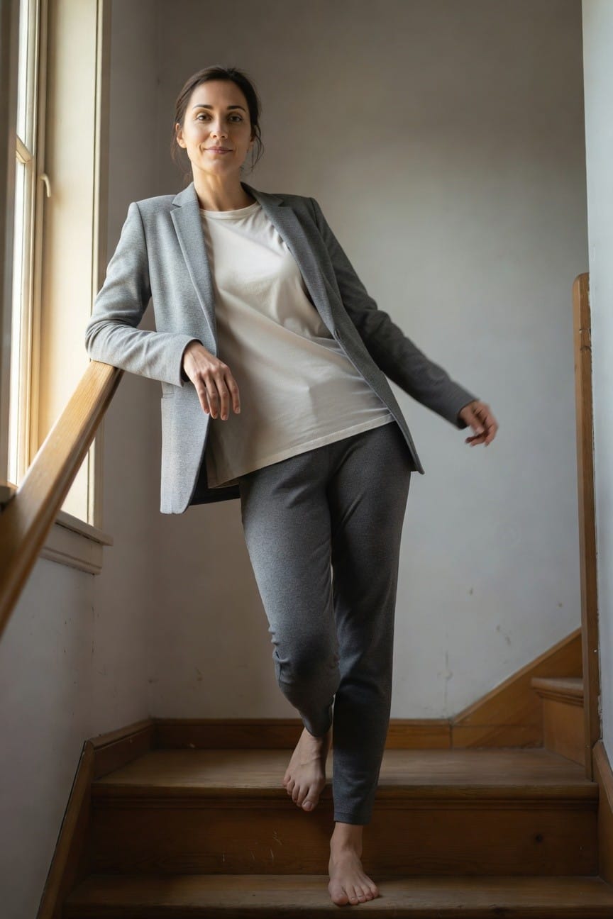 Woman in open gray blazer over white t-shirt and gray jogger pants leaning on wooden stair railing indoors barefoot