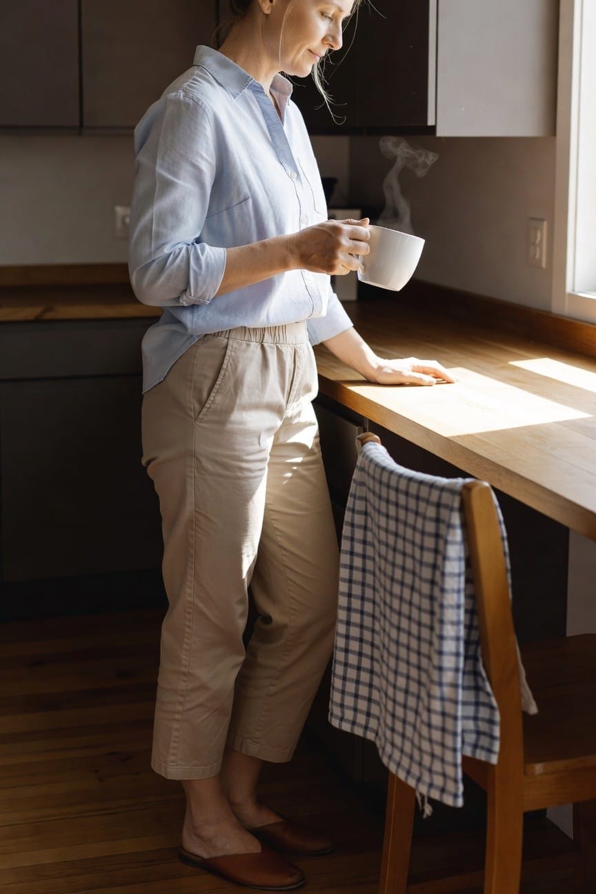 Woman standing in light blue long-sleeve button-down shirt, beige relaxed khaki pants, and brown leather mules, holding a white mug while leaning on wooden kitchen counter