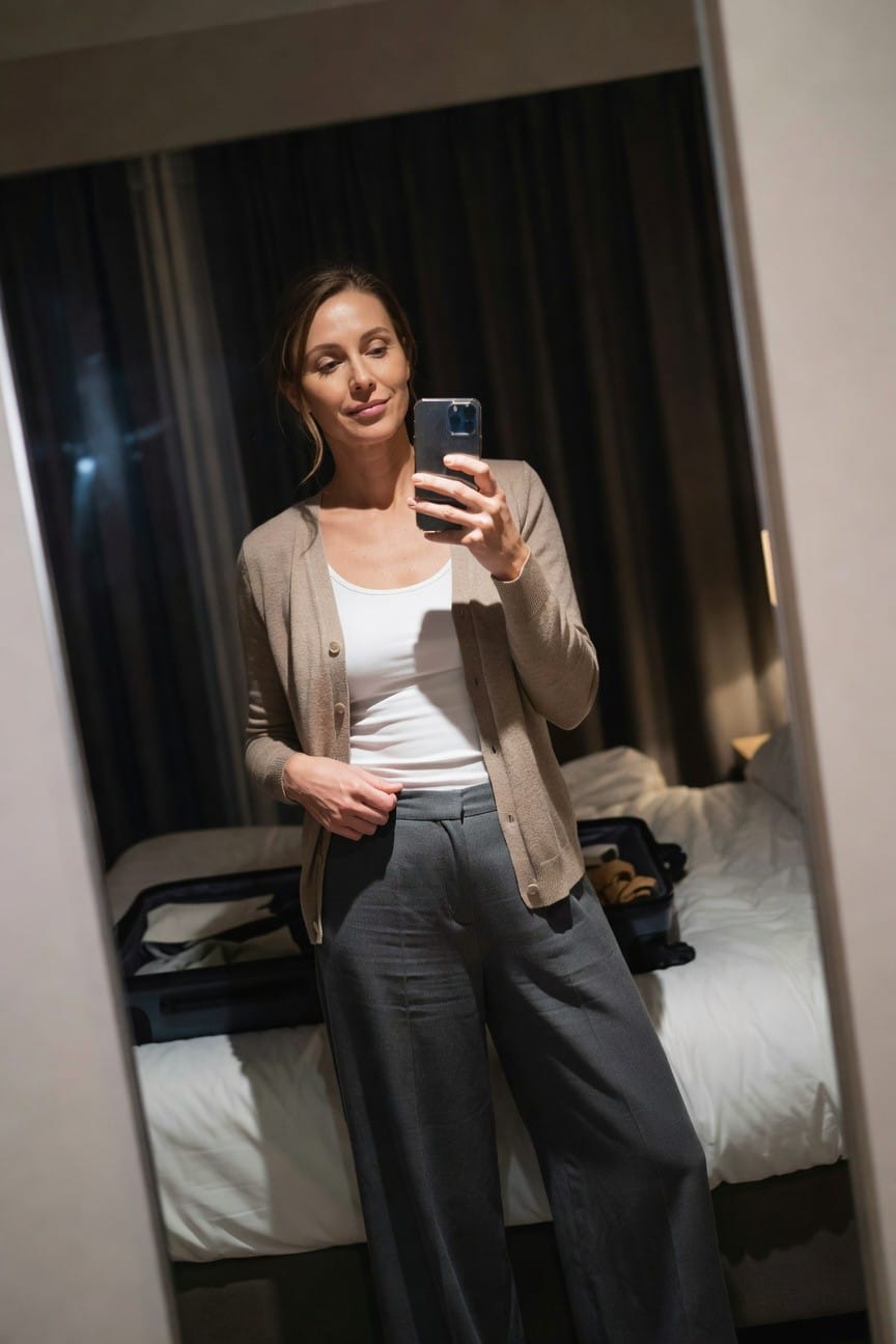 Mirror selfie of a woman in a beige open-knit cardigan over white tank top and wide-leg gray linen pants, standing in a hotel room with suitcase and bed in background