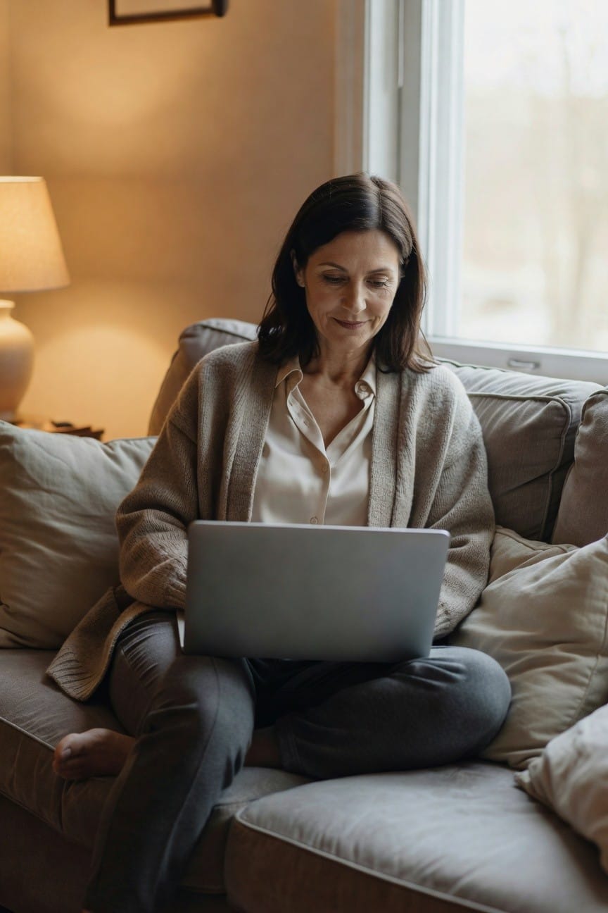 Mature woman with shoulder-length dark hair sits cross-legged on a couch working on a silver laptop, dressed in an open beige knit cardigan over a white silk blouse and gray trousers, barefoot