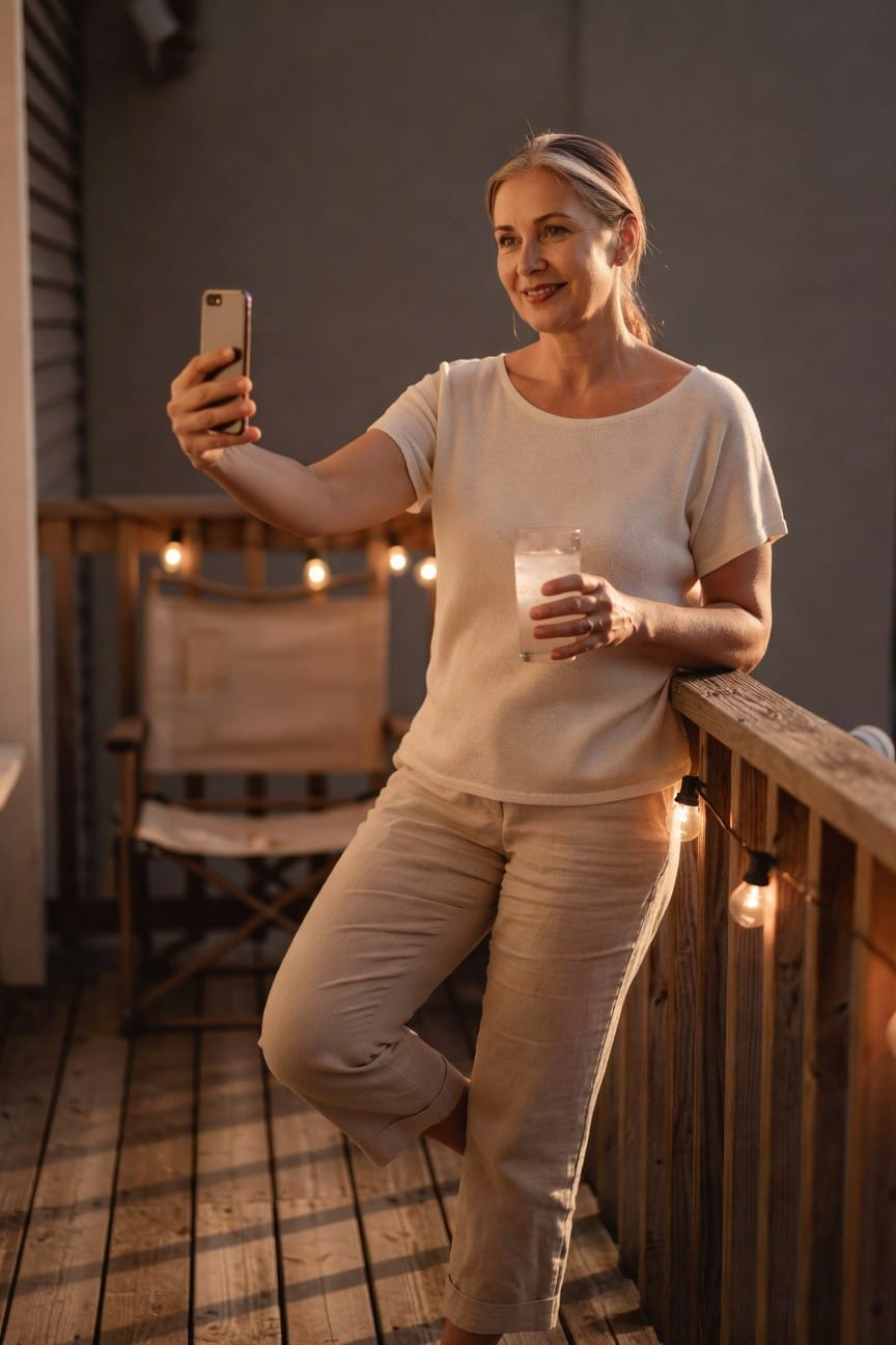 Mature woman with blonde hair in cream short-sleeve knit top and beige cropped linen pants, taking a selfie while holding a glass of water, leaning against balcony railing
