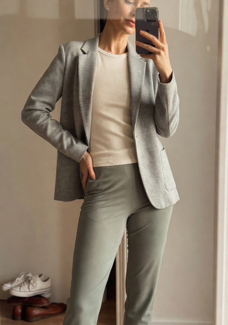 Woman taking a mirror selfie in an open gray knit blazer over cream turtleneck top and high-waisted sage green tailored trousers standing in a simply furnished room with wooden doors and sneakers on the floor