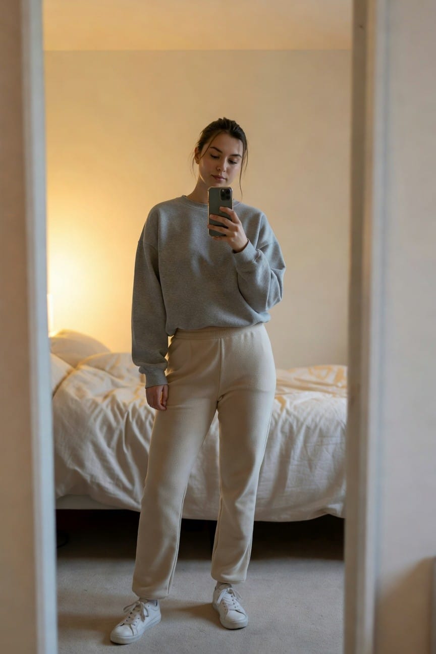 Woman taking mirror selfie in bedroom, dressed in oversized heather gray sweatshirt, light beige fuzzy joggers, and white lace-up sneakers, standing casually with phone in hand