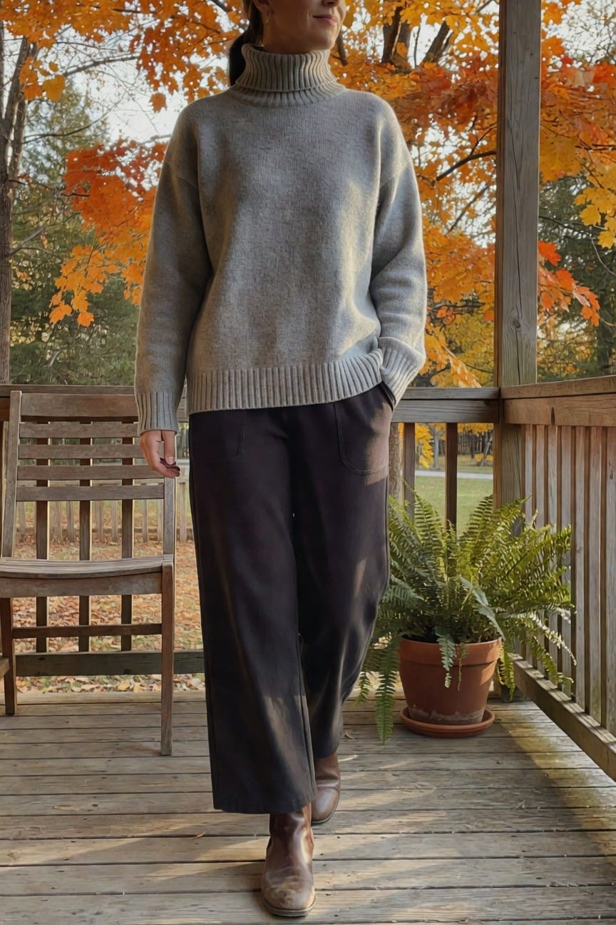 Woman standing on wooden porch wearing oversized gray turtleneck sweater, wide-leg dark trousers, and brown ankle boots, hands in pockets and holding a small leaf, autumn trees in blurred background
