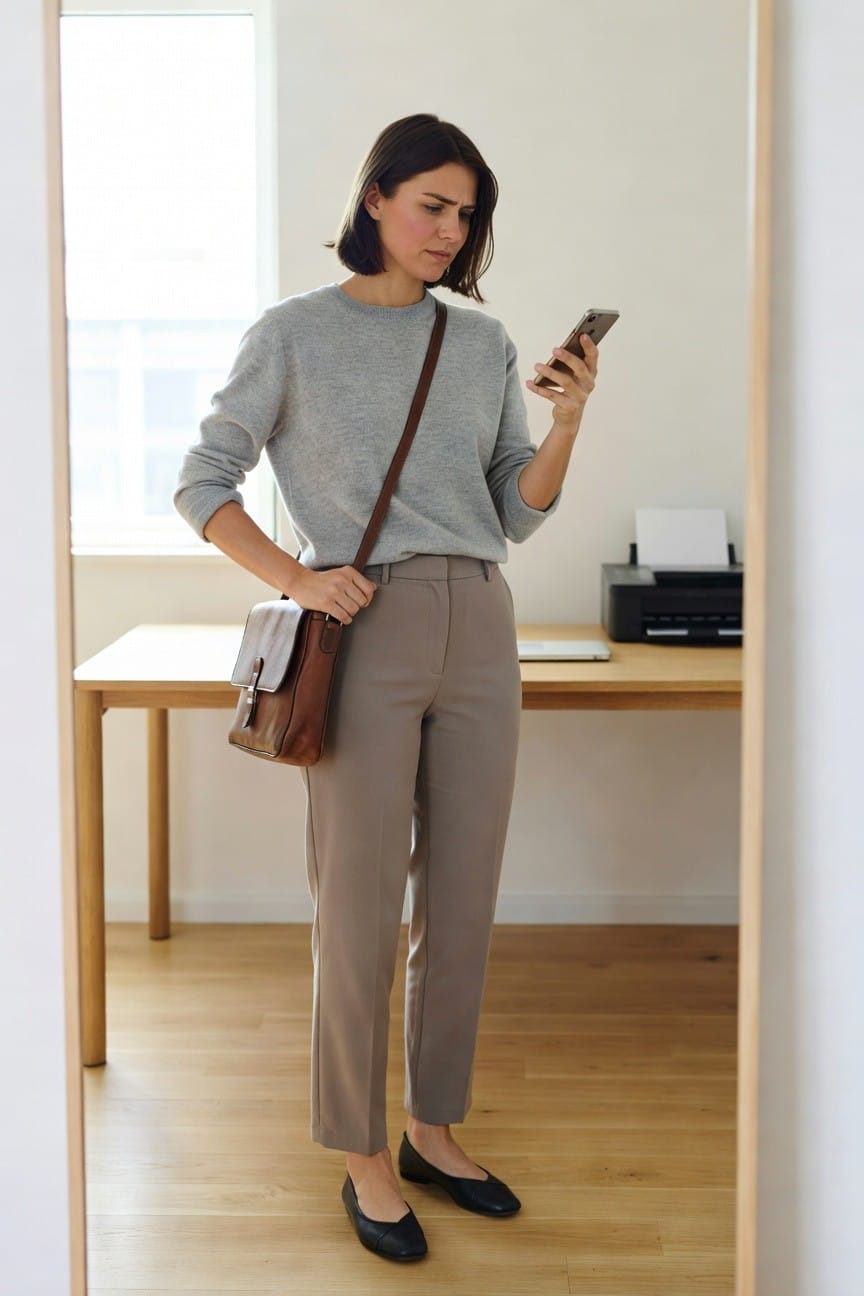 Woman in front of mirror wearing light grey long-sleeve knit sweater, taupe straight-leg trousers, brown leather crossbody bag, and black ballet flats, checking phone with slight frown