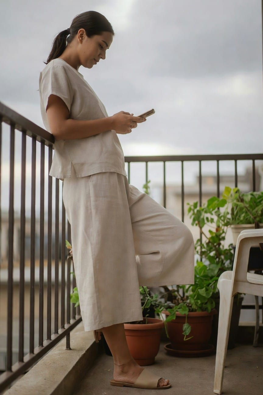 Woman in beige linen short-sleeved top and matching wide-leg pants standing sideways holding a phone with one hand on balcony railing wearing tan flat sandals and ponytail