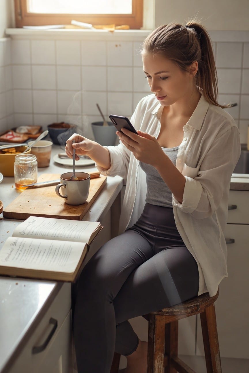 Woman sitting at kitchen counter in open white cotton blouse over gray tank top and gray leggings with subtle side stripes, holding phone and stirring tea, ponytail hairstyle, natural indoor light