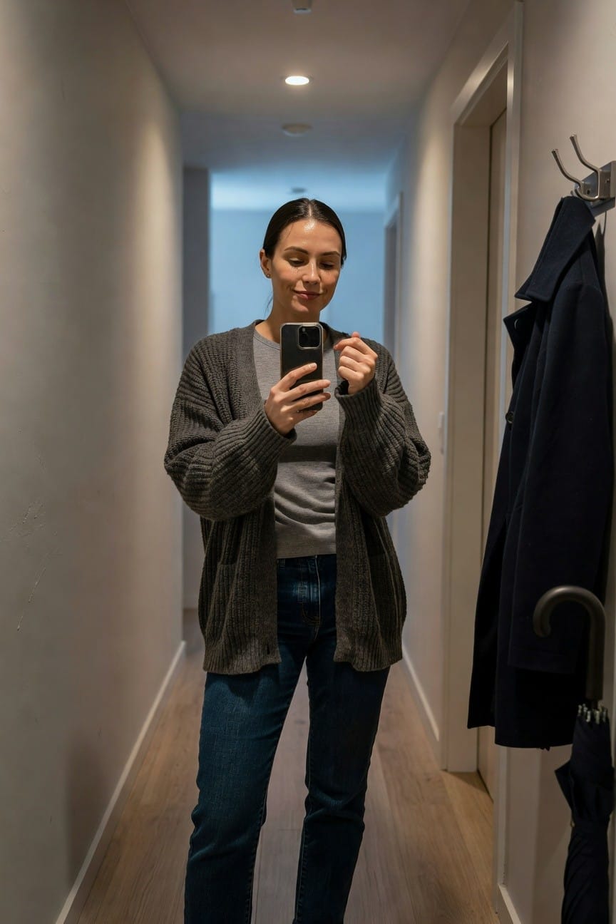 Woman in hallway selfie wearing oversized open gray knit cardigan layered over fitted gray t-shirt and slim dark blue straight-leg jeans, barefoot on wood floor with coat rack nearby