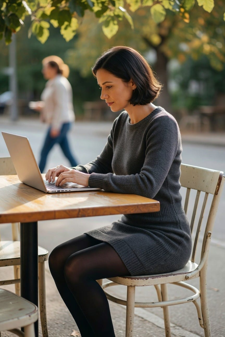 Woman in gray sweater dress types on laptop at outdoor table.