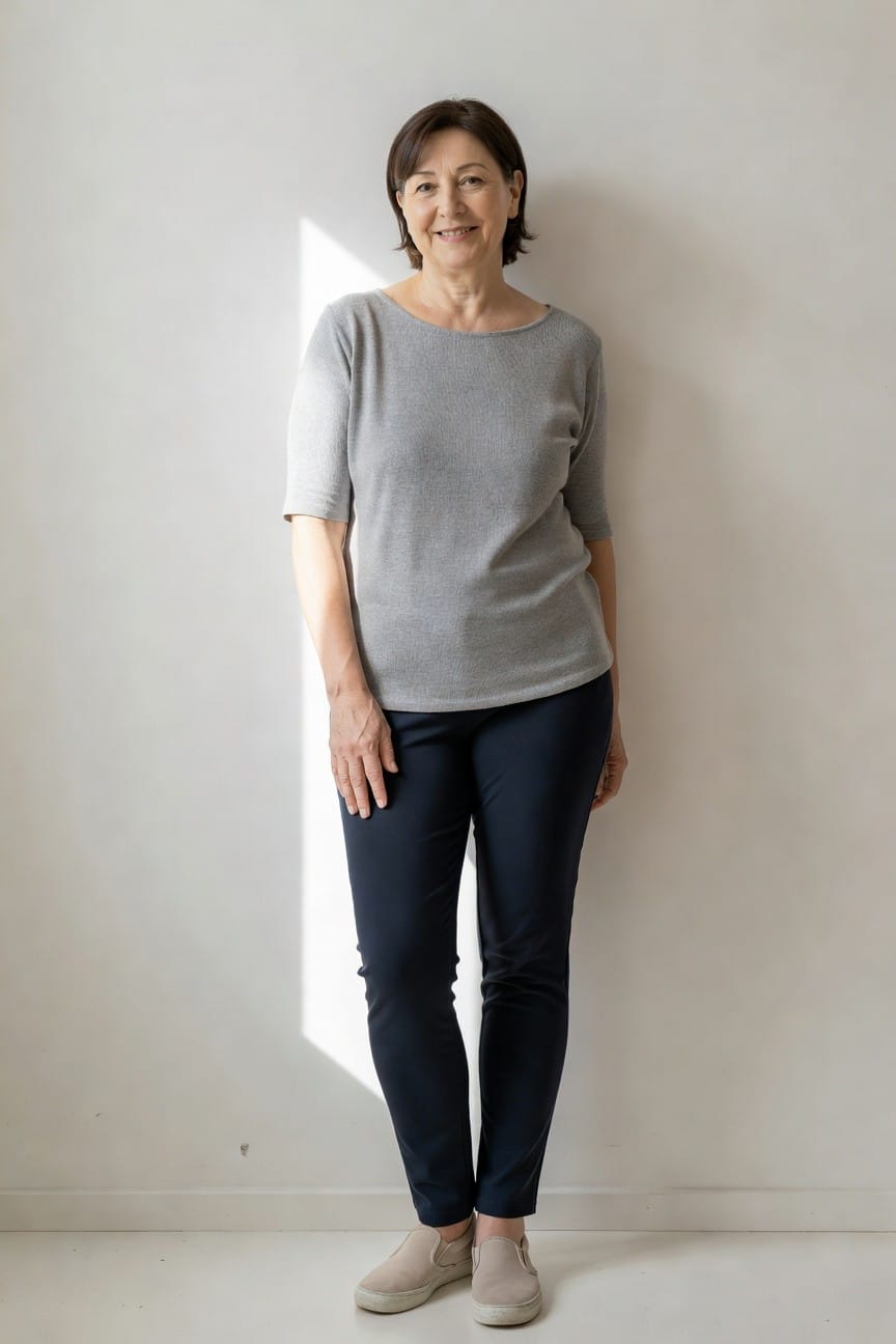 Middle-aged woman with short brown hair smiling against white wall, wearing light gray short-sleeve knit sweater top, navy slim-leg pants, and beige slip-on sneakers, one hand in pocket, standing casually.