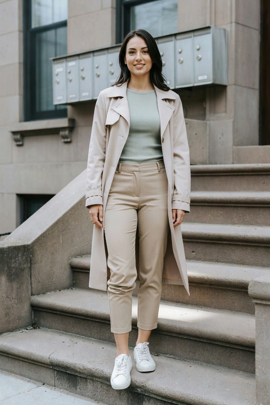Woman in light beige trench coat over mint green knit top and cropped beige trousers with white sneakers, standing confidently on stone steps outside a building