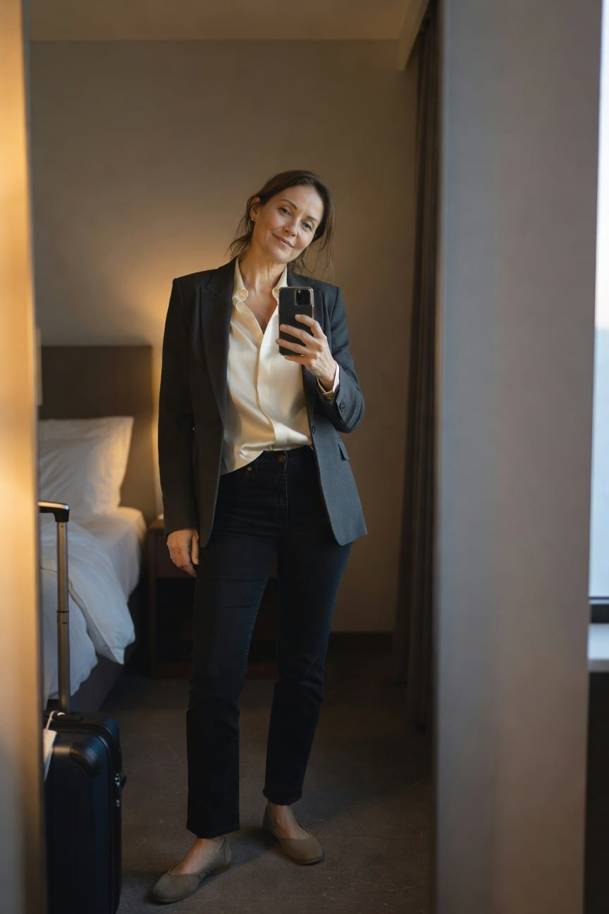Woman taking a mirror selfie in a hotel room wearing a charcoal blazer over a white silk blouse, black slim jeans, tan ballet flats, with a suitcase nearby