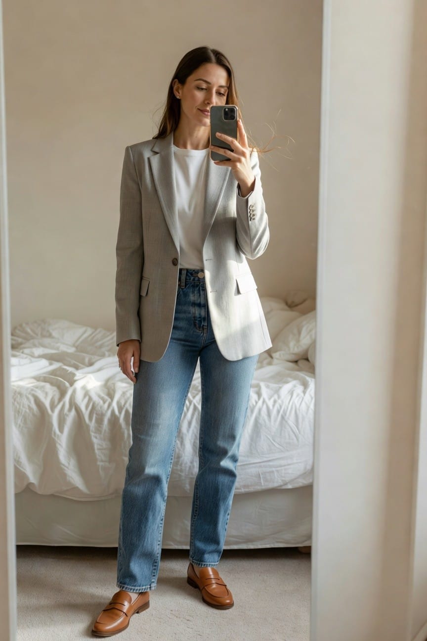 Woman taking a mirror selfie in a light gray tailored blazer over white t-shirt, high-waisted light blue straight-leg jeans, brown leather loafers, minimal jewelry, neutral bedroom background