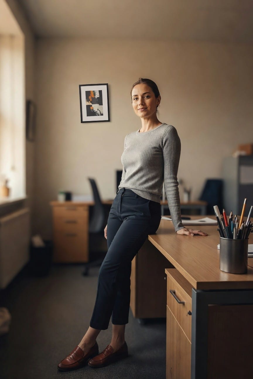 Woman leaning against wooden office desk wearing light gray long-sleeve ribbed knit sweater, navy slim cropped pants, brown leather loafers, with ponytail and small earrings