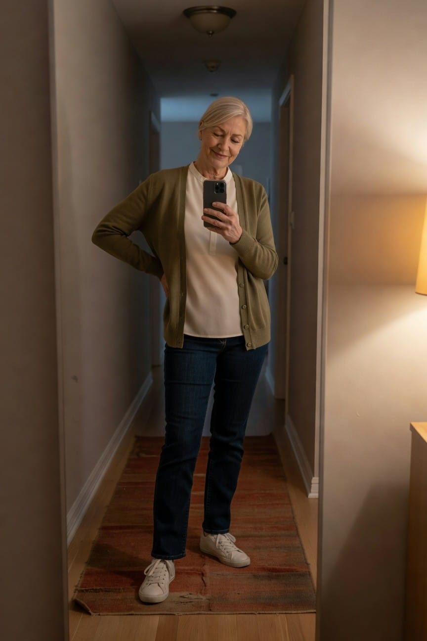 Silver-haired woman in her 60s posing in a hallway wearing an open olive green knit cardigan over a white button-up blouse, dark blue straight-leg jeans, and white lace-up sneakers, hands on hips while holding a phone