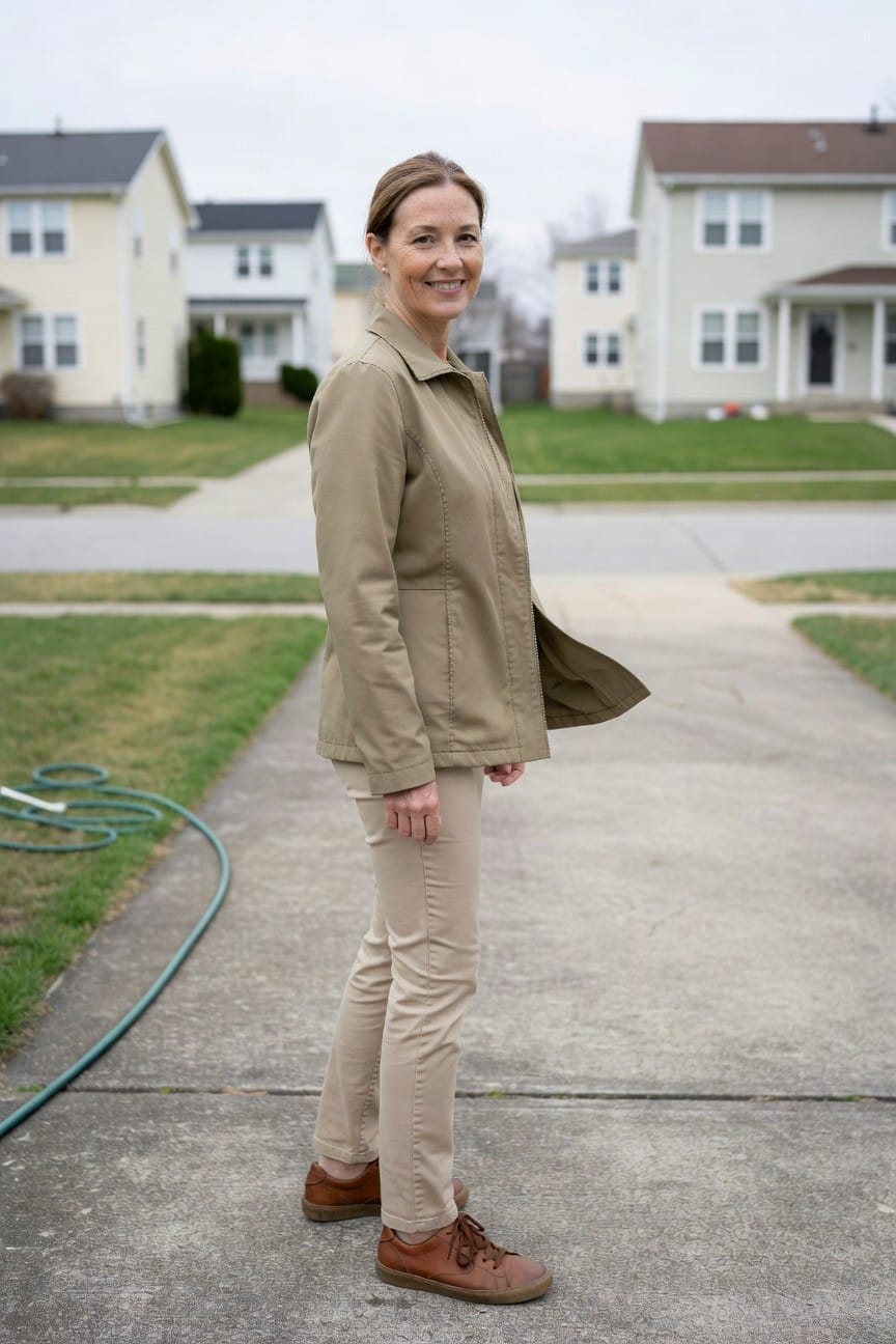 Side profile of smiling woman in open khaki utility jacket, matching slim khaki pants, and brown laced leather sneakers on driveway