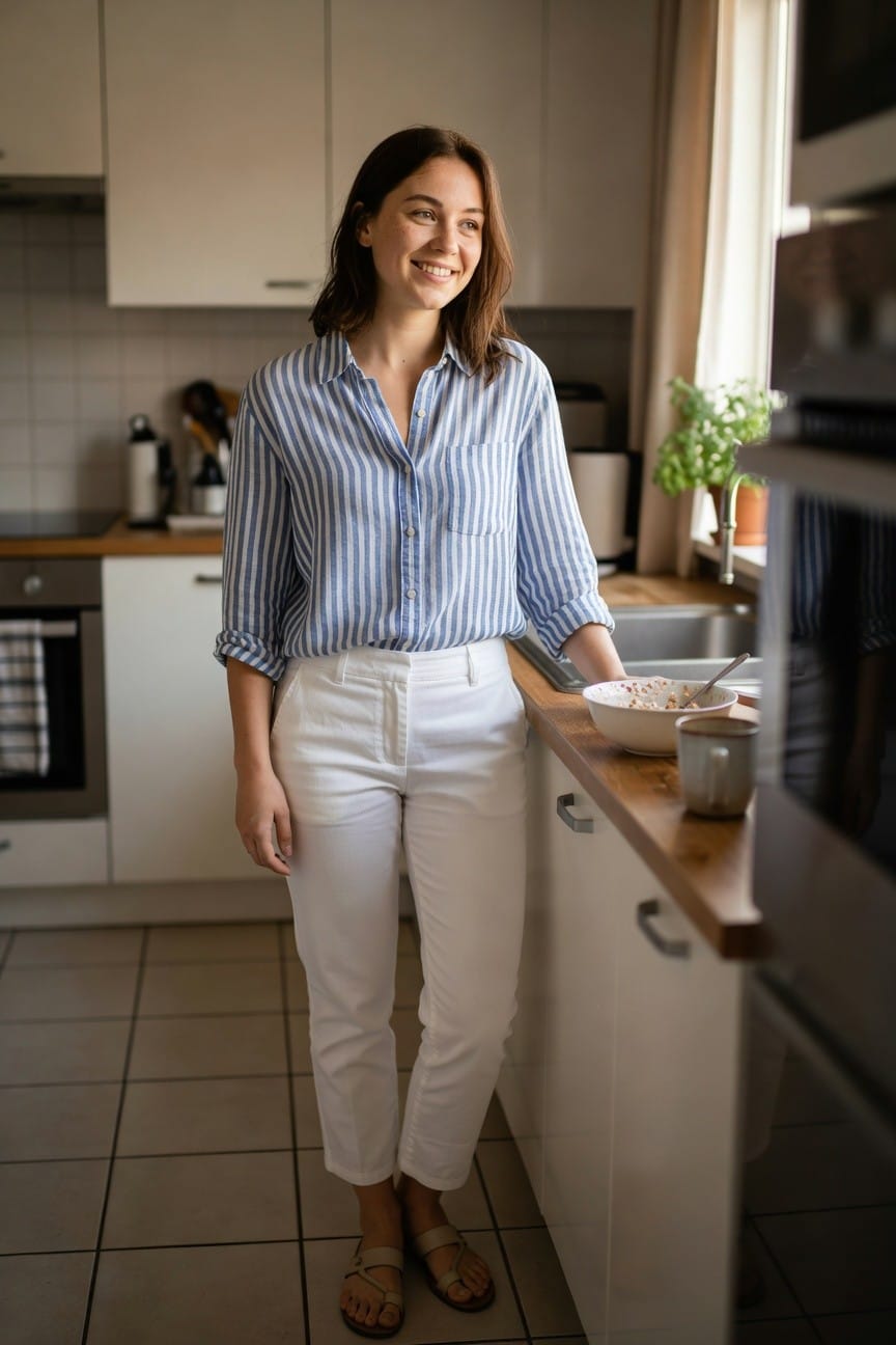 Woman smiling in a light blue and white striped long-sleeve button-down shirt tucked loosely into high-waisted white straight-leg ankle pants, wearing tan flat strap sandals, leaning against a kitchen counter holding a bowl of cereal