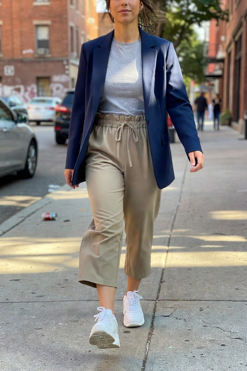 Woman in navy blue blazer over gray t-shirt, beige drawstring cropped wide-leg pants, and white chunky sneakers, walking on sidewalk with hand in pocket holding phone